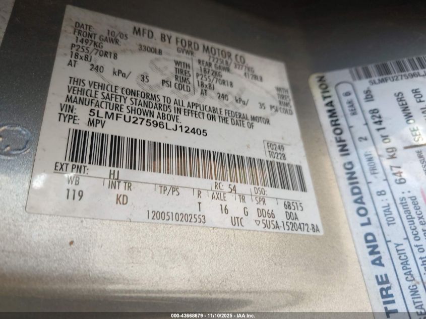 2006 Lincoln Navigator Luxury/Ultimate VIN: 5LMFU27596LJ12405 Lot: 43668679