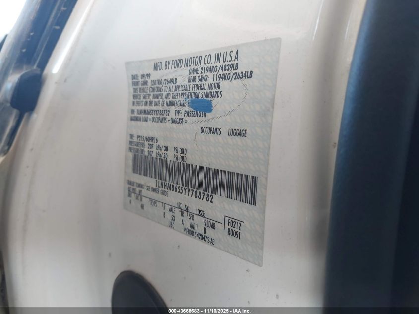 2000 Lincoln Ls V6 Auto/V6 Manual VIN: 1LNHM86S5YY788782 Lot: 43668683