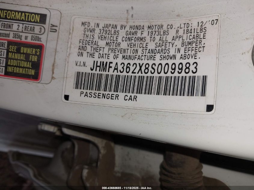 2008 Honda Civic Hybrid VIN: JHMFA362X8S009983 Lot: 43668685