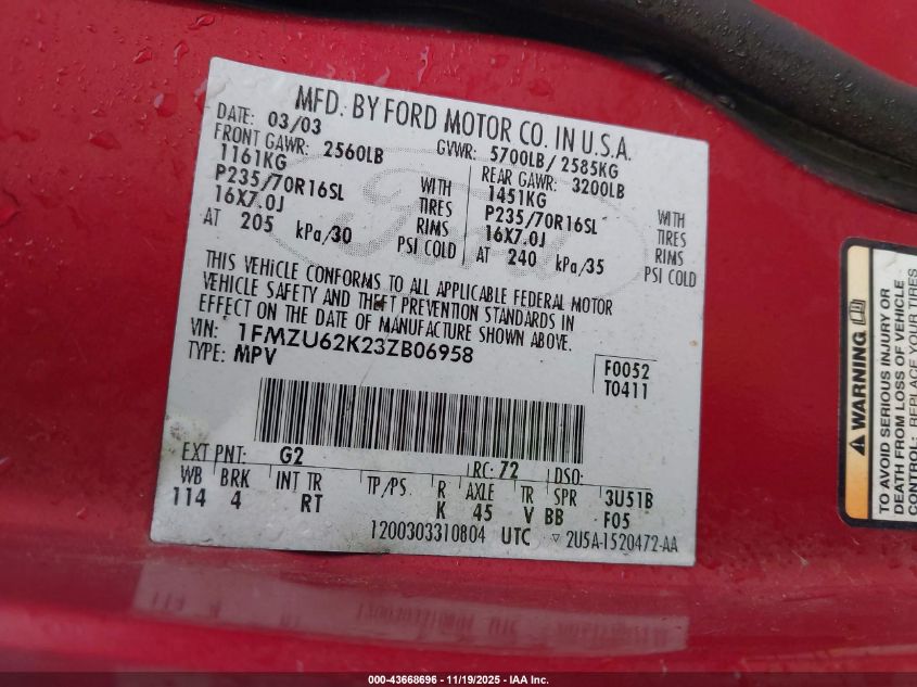 2003 Ford Explorer Xls VIN: 1FMZU62K23ZB06958 Lot: 43668696