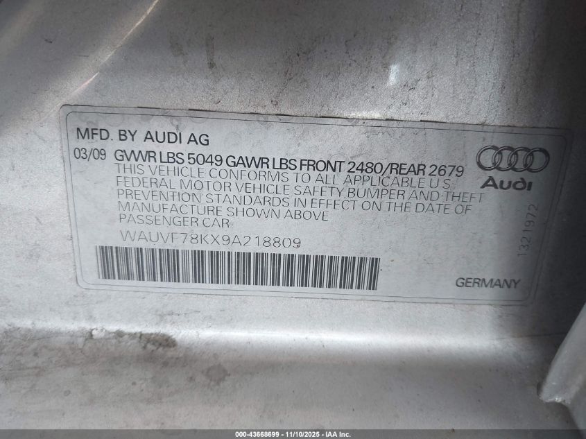 2009 Audi A4 2.0T Avant VIN: WAUVF78KX9A218809 Lot: 43668699