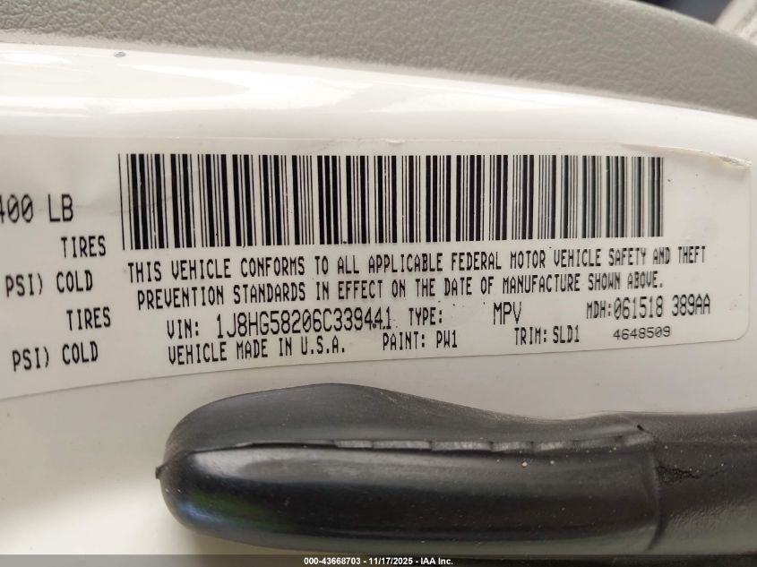 2006 Jeep Commander Limited VIN: 1J8HG58206C339441 Lot: 43668703