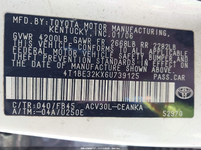 2006 Toyota Camry Le VIN: 4T1BE32KX6U739125 Lot: 43668717