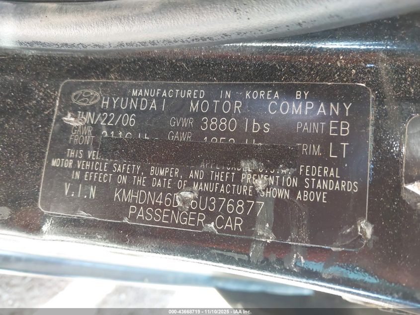 2006 Hyundai Elantra Gls/Limited VIN: KMHDN46D26U376877 Lot: 43668719