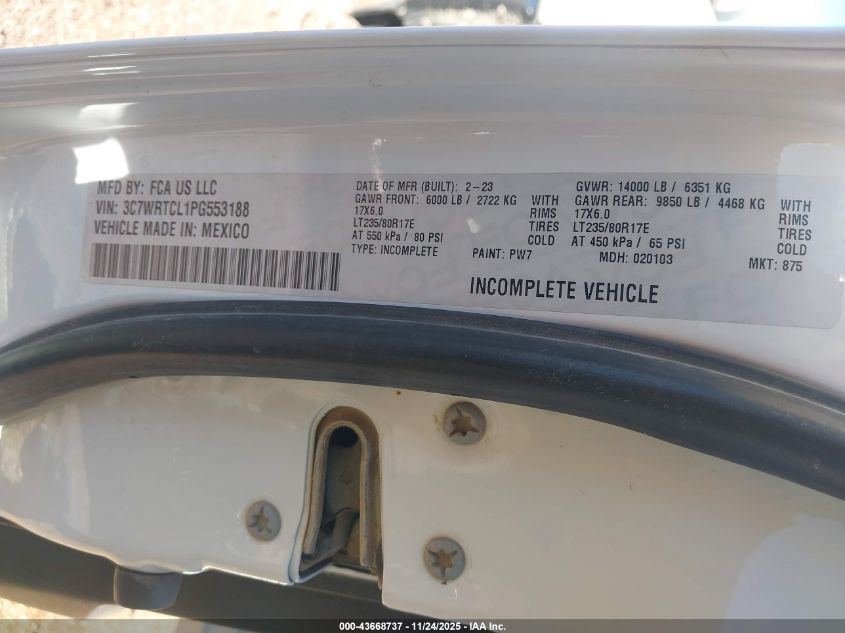 2023 Ram 3500 Chassis Tradesman/Slt/Laramie/Limited VIN: 3C7WRTCL1PG553188 Lot: 43668737