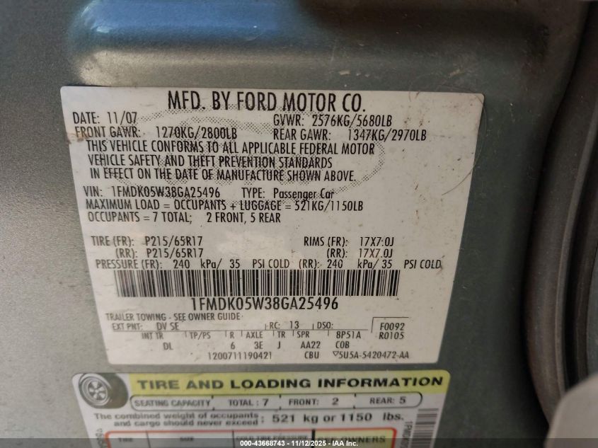 2008 Ford Taurus X Sel VIN: 1FMDK05W38GA25496 Lot: 43668743