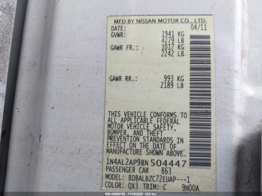 1N4AL2AP9BN504447 2011 NISSAN ALTIMA photo no. 9