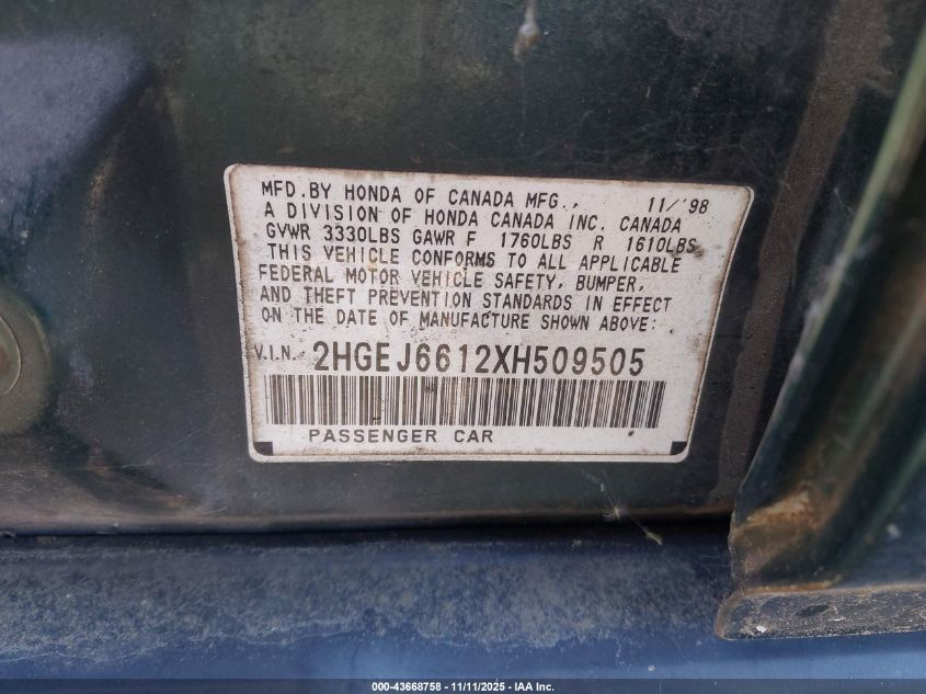 1999 Honda Civic Value Package VIN: 2HGEJ6612XH509505 Lot: 43668758