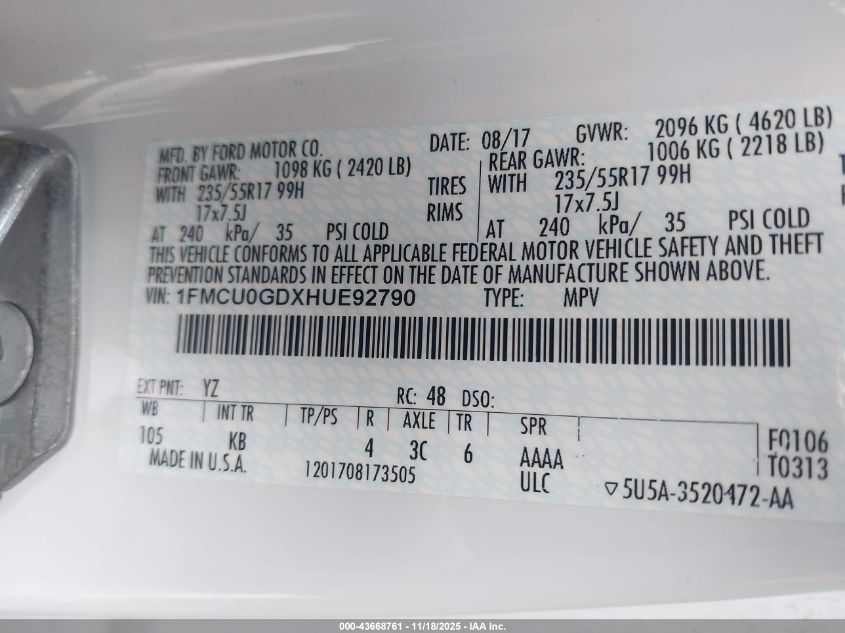 2017 Ford Escape Se VIN: 1FMCU0GDXHUE92790 Lot: 43668761