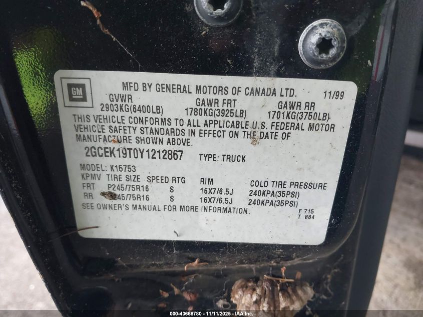 2000 Chevrolet Silverado 1500 Ls VIN: 2GCEK19T0Y1212867 Lot: 43668780