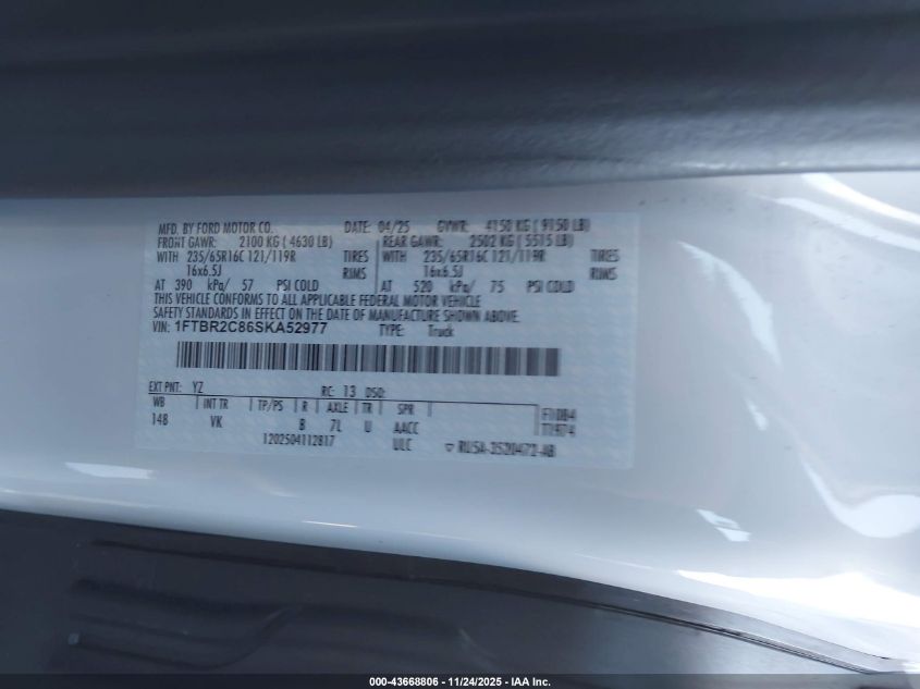 2025 Ford Transit-250 VIN: 1FTBR2C86SKA52977 Lot: 43668806