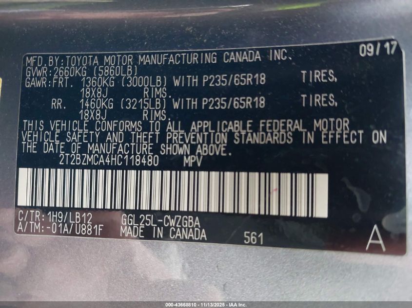 2017 Lexus Rx 350 VIN: 2T2BZMCA4HC118480 Lot: 43668810