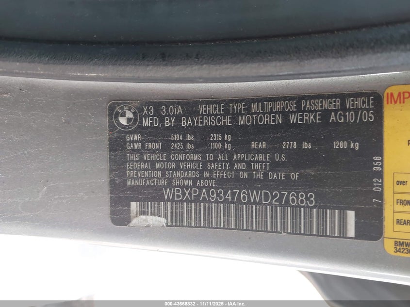 WBXPA93476WD27683 2006 BMW X3 photo no. 9