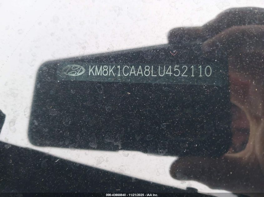 2020 Hyundai Kona Se VIN: KM8K1CAA8LU452110 Lot: 43668840