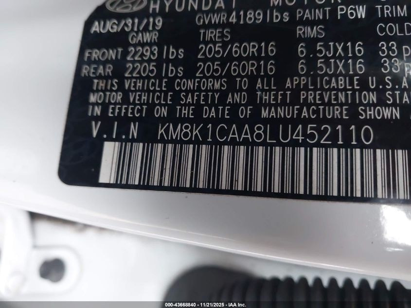 2020 Hyundai Kona Se VIN: KM8K1CAA8LU452110 Lot: 43668840