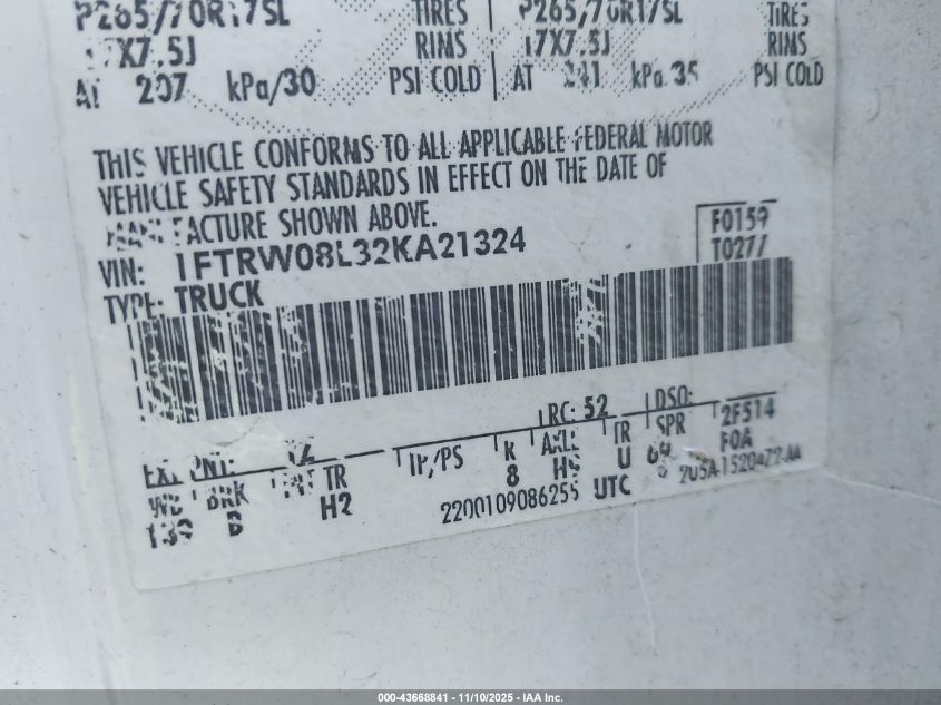 2002 Ford F-150 Lariat/Xlt VIN: 1FTRW08L32KA21324 Lot: 43668841
