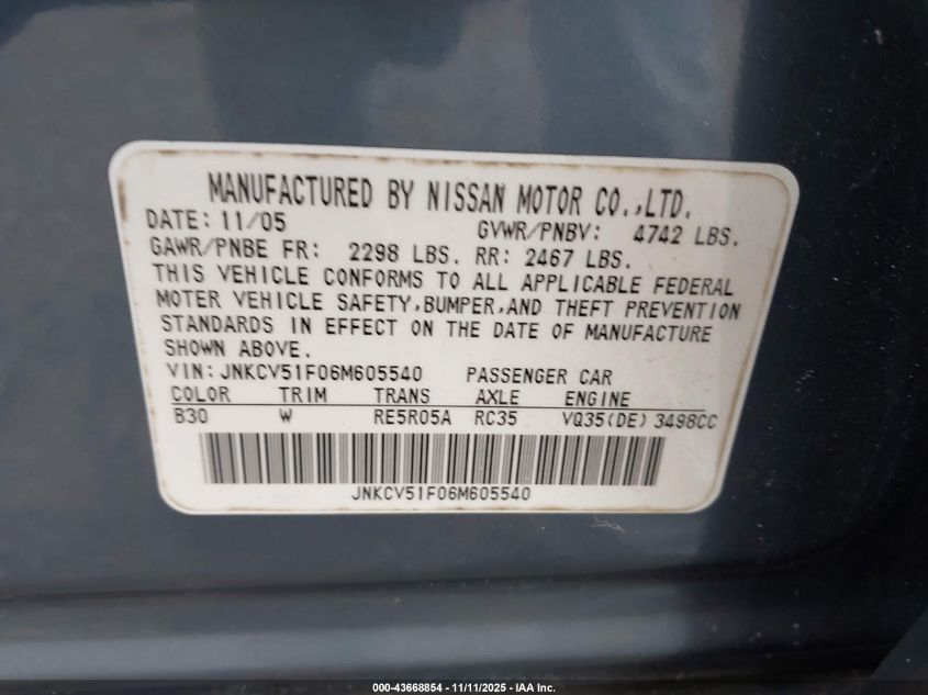 2006 Infiniti G35X VIN: JNKCV51F06M605540 Lot: 43668854
