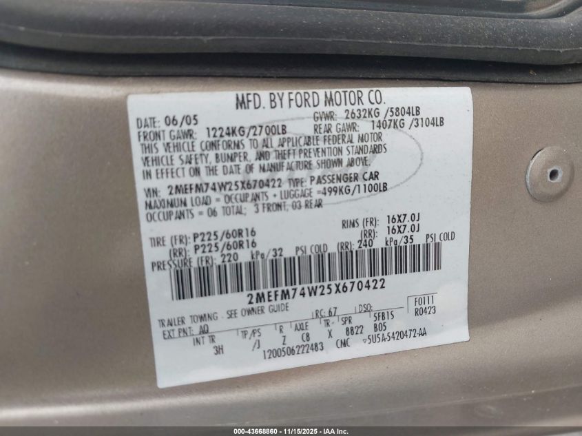2005 Mercury Grand Marquis Gs VIN: 2MEFM74W25X670422 Lot: 43668860