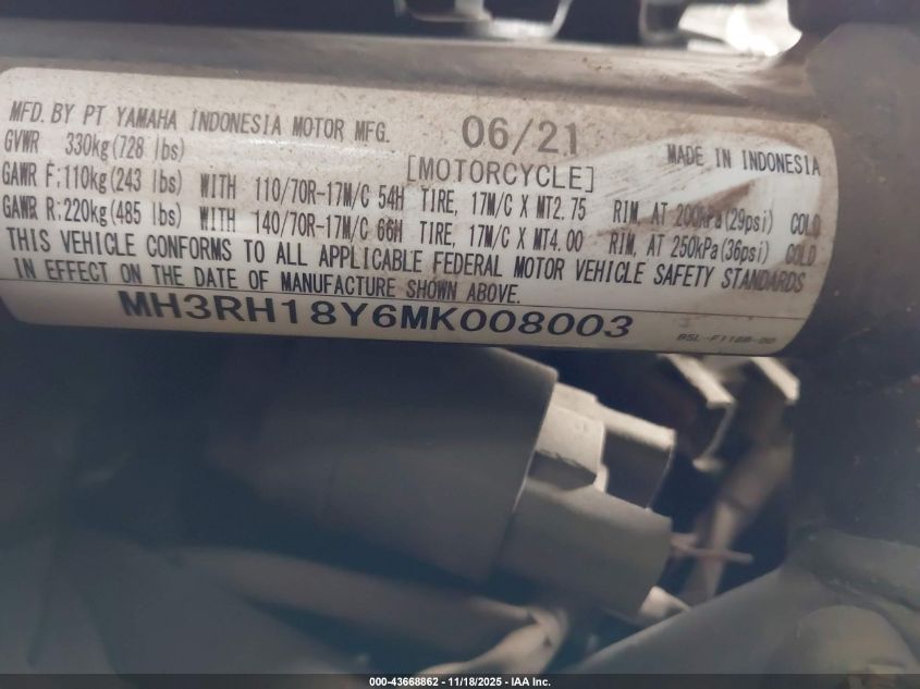 2021 Yamaha Yzfr3 A VIN: MH3RH18Y6MK008003 Lot: 43668862