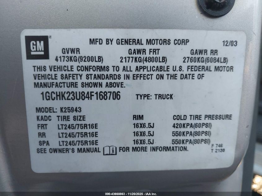 2004 Chevrolet Silverado 2500Hd Ls VIN: 1GCHK23U84F168706 Lot: 43668863