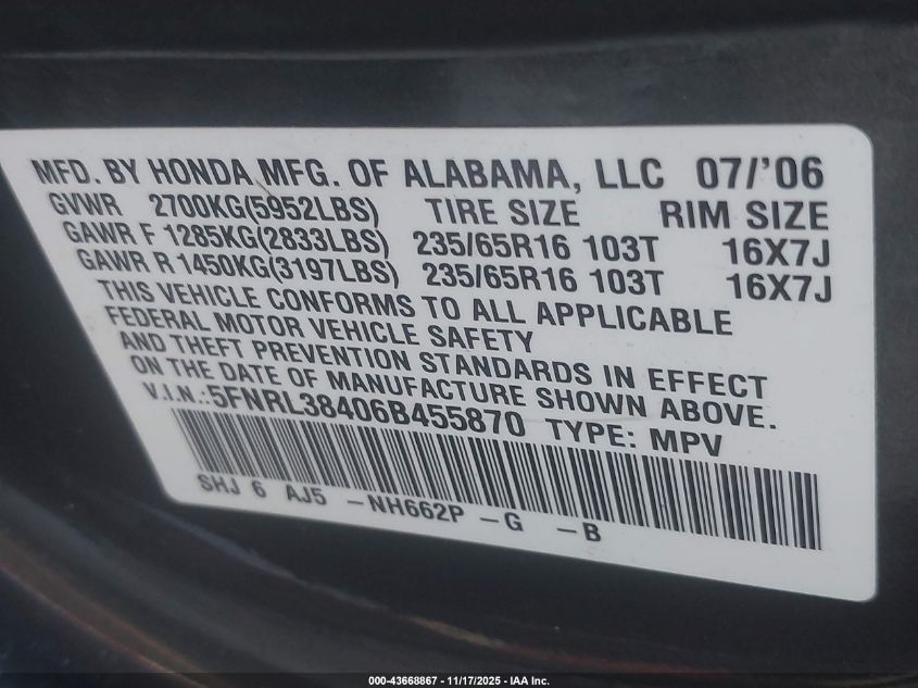 2006 Honda Odyssey Ex VIN: 5FNRL38406B455870 Lot: 43668867