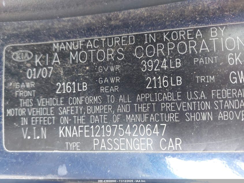 2007 Kia Spectra Ex VIN: KNAFE121975420647 Lot: 43668880
