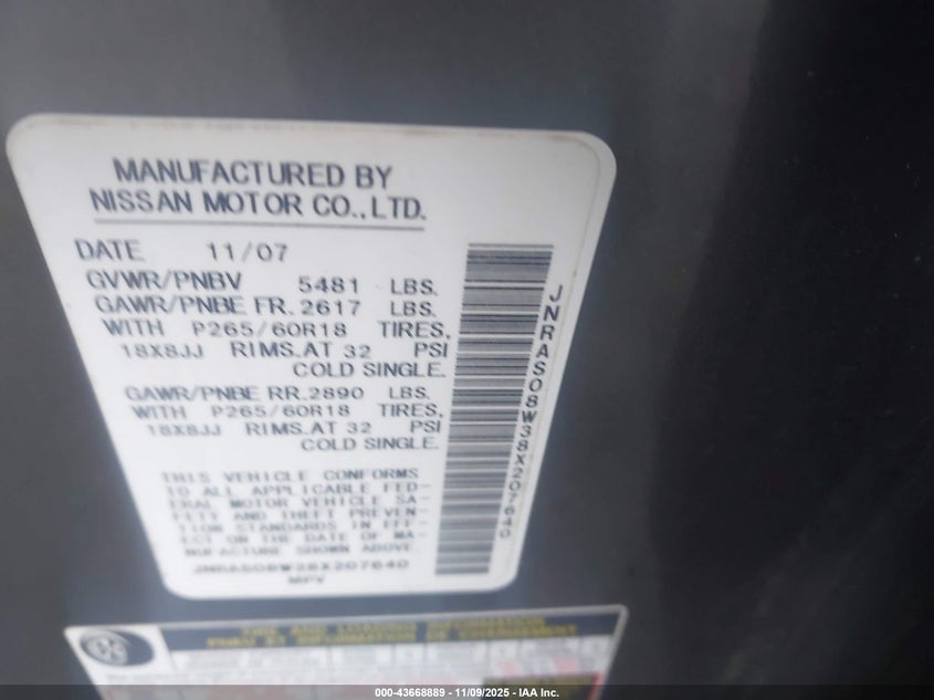 2008 Infiniti Fx35 VIN: JNRAS08W38X207640 Lot: 43668889