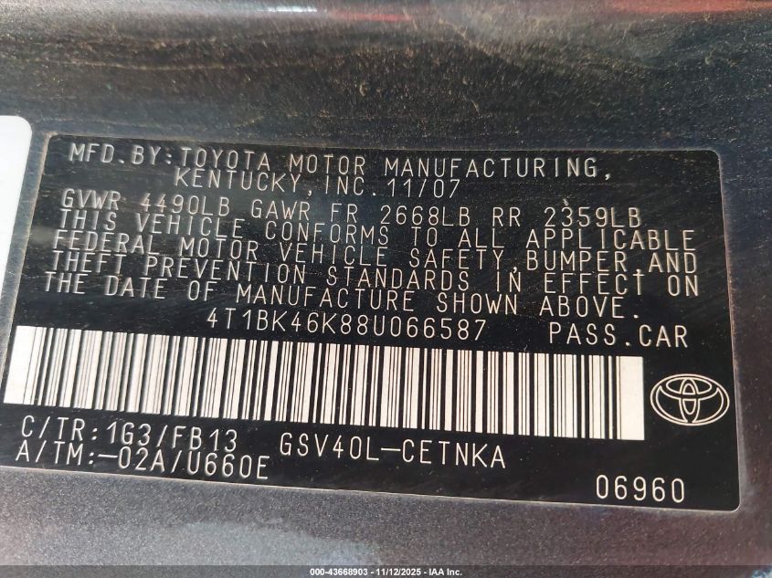 2008 Toyota Camry Le V6 VIN: 4T1BK46K88U066587 Lot: 43668903