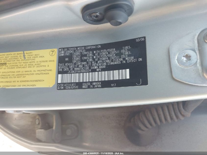 2007 Lexus Rx 350 VIN: JTJGK31U670003374 Lot: 43668925