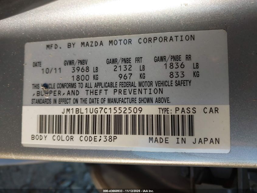 2012 Mazda Mazda3 I Sport VIN: JM1BL1UG7C1552509 Lot: 43668933