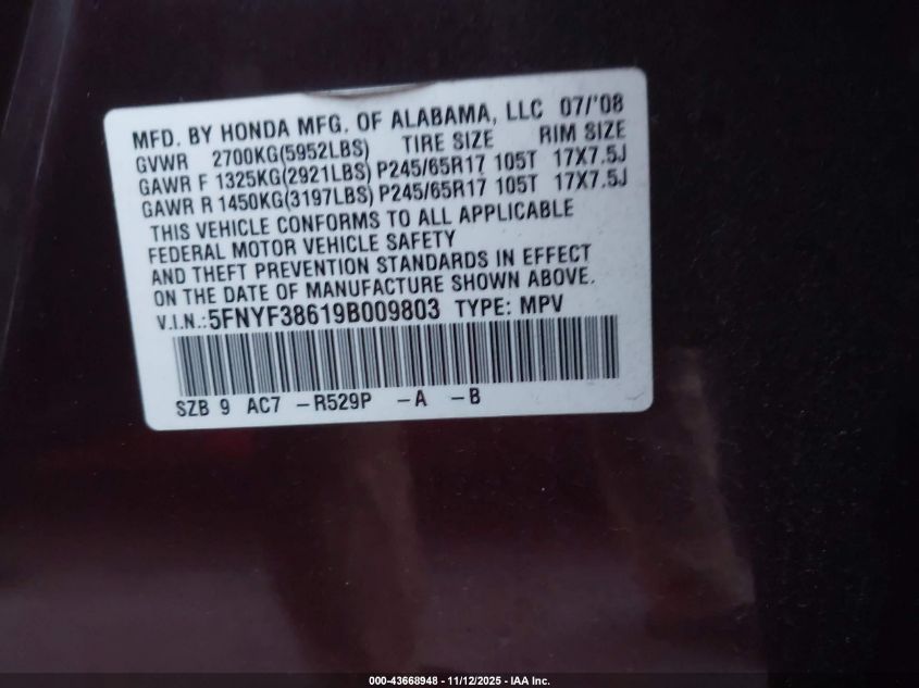 2009 Honda Pilot Ex-L VIN: 5FNYF38619B009803 Lot: 43668948