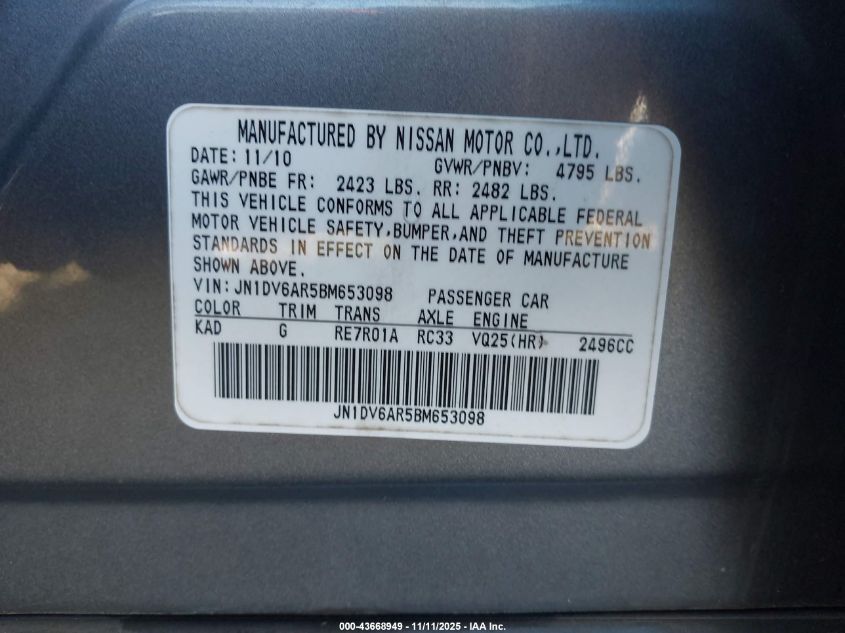 2011 Infiniti G25X VIN: JN1DV6AR5BM653098 Lot: 43668949