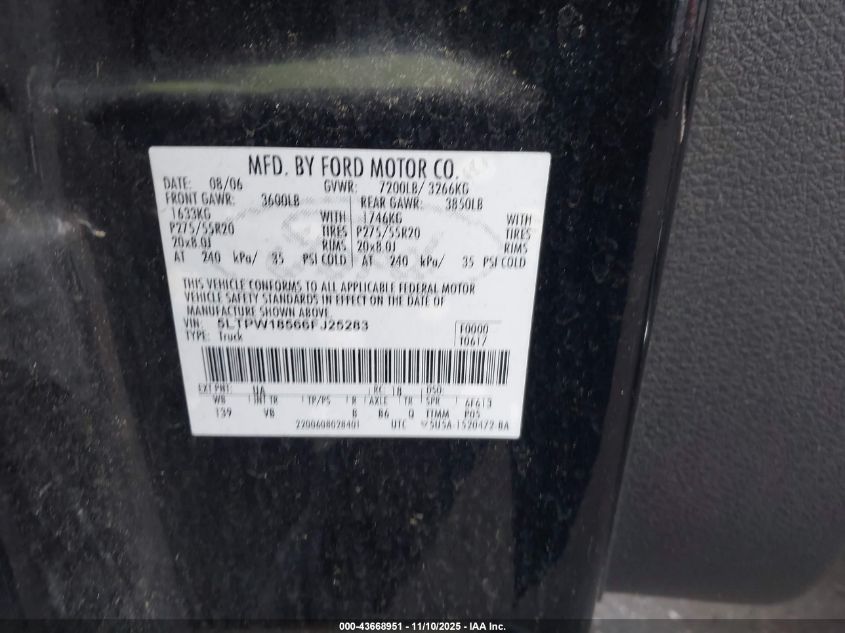 2006 Lincoln Mark Lt VIN: 5LTPW18566FJ25283 Lot: 43668951