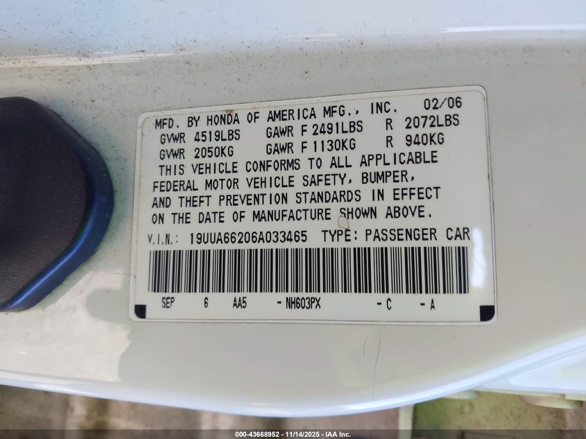 2006 Acura Tl VIN: 19UUA66206A033465 Lot: 43668952