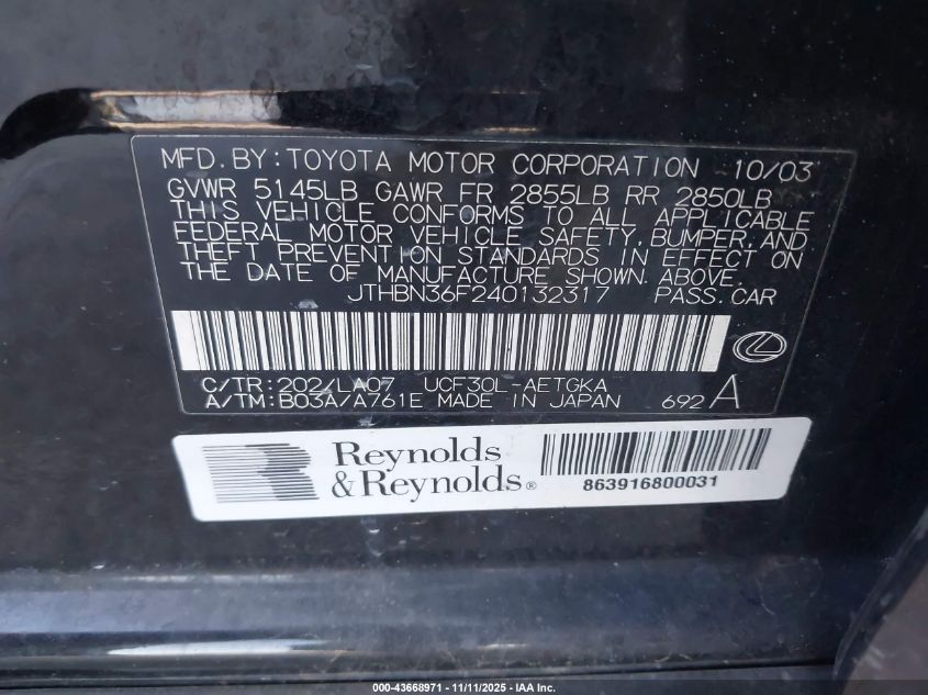 2004 Lexus Ls 430 VIN: JTHBN36F240132317 Lot: 43668971