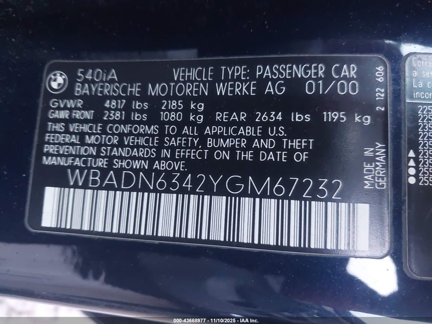 2000 BMW 540Ia VIN: WBADN6342YGM67232 Lot: 43668977