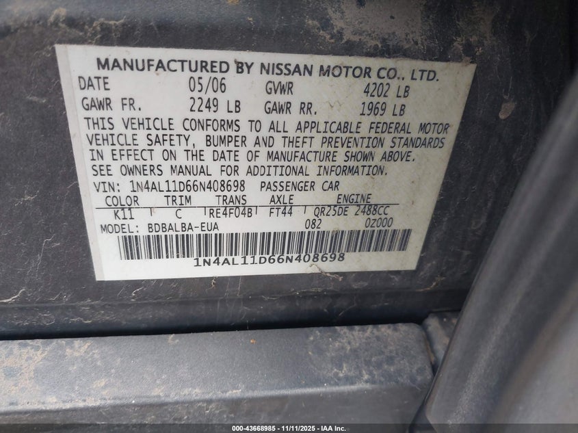 1N4AL11D66N408698 2006 NISSAN ALTIMA photo no. 9
