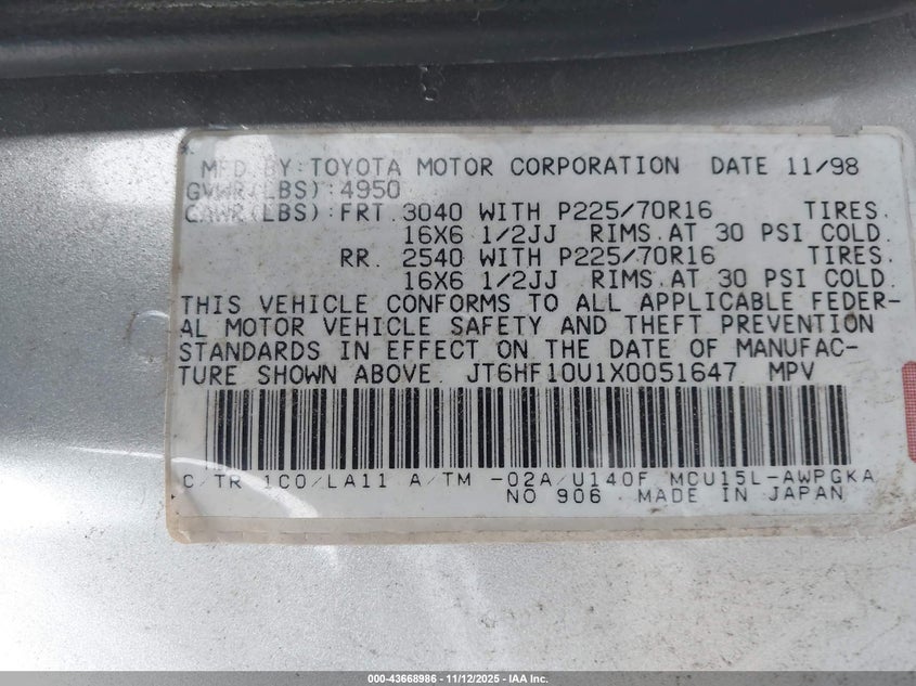 1999 Lexus Rx 300 VIN: JT6HF10U1X0051647 Lot: 43668986