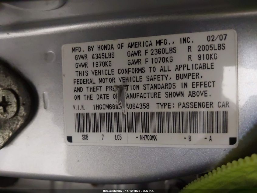 2007 Honda Accord 3.0 Se VIN: 1HGCM66437A064358 Lot: 43668987