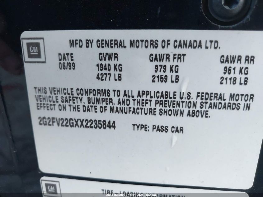 1999 Pontiac Firebird Trans Am VIN: 2G2FV22GXX2235844 Lot: 43669000