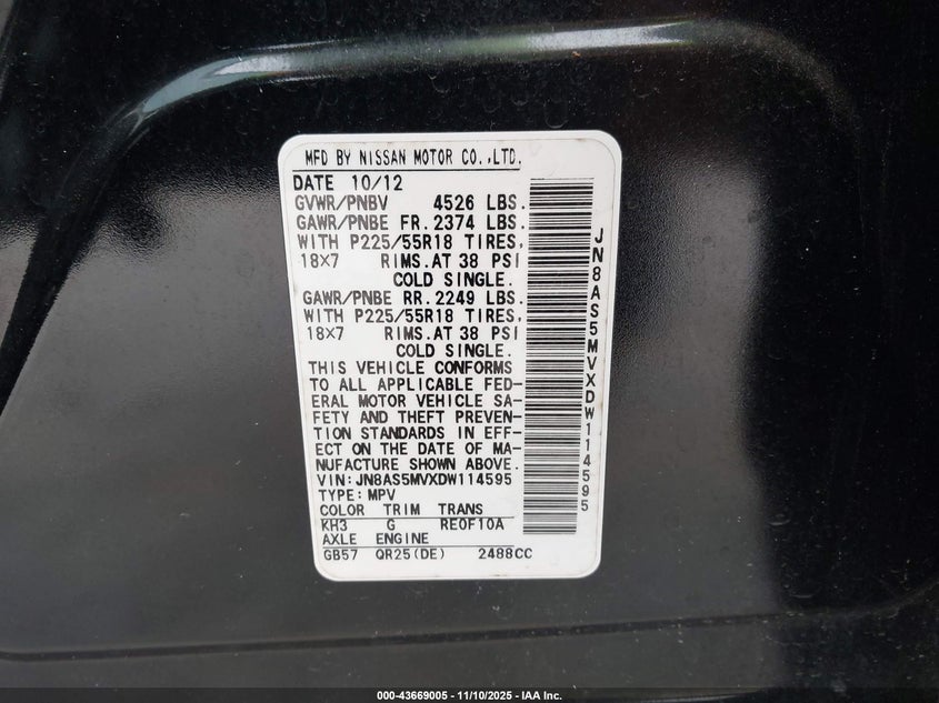 JN8AS5MVXDW114595 2013 NISSAN ROGUE photo no. 9