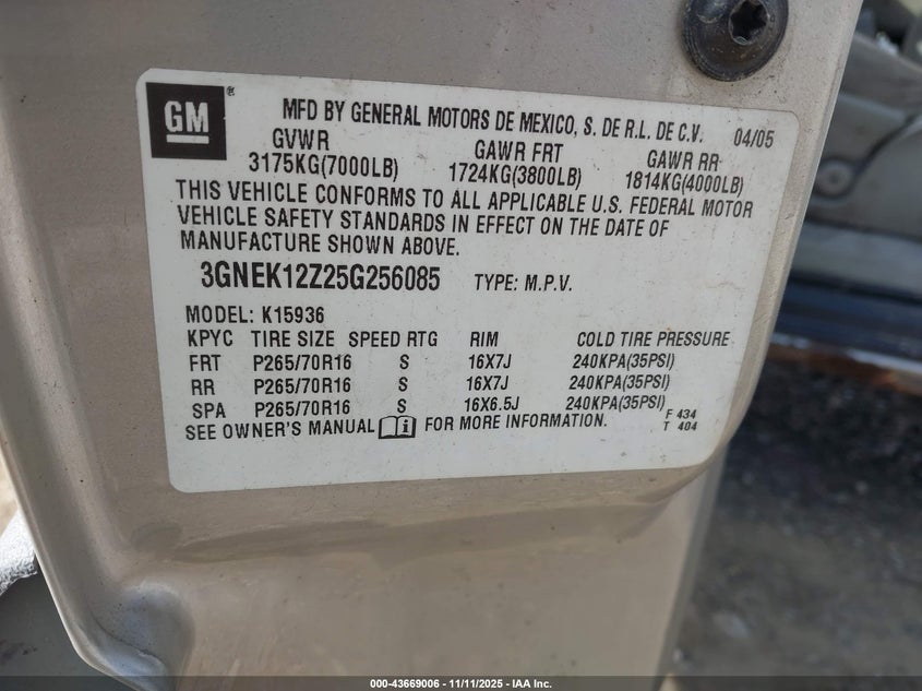 2005 Chevrolet Avalanche 1500 Ls VIN: 3GNEK12Z25G256085 Lot: 43669006