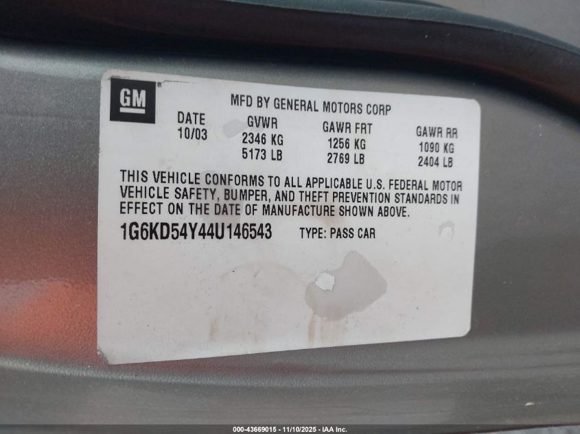 2004 Cadillac Deville Standard VIN: 1G6KD54Y44U146543 Lot: 43669015