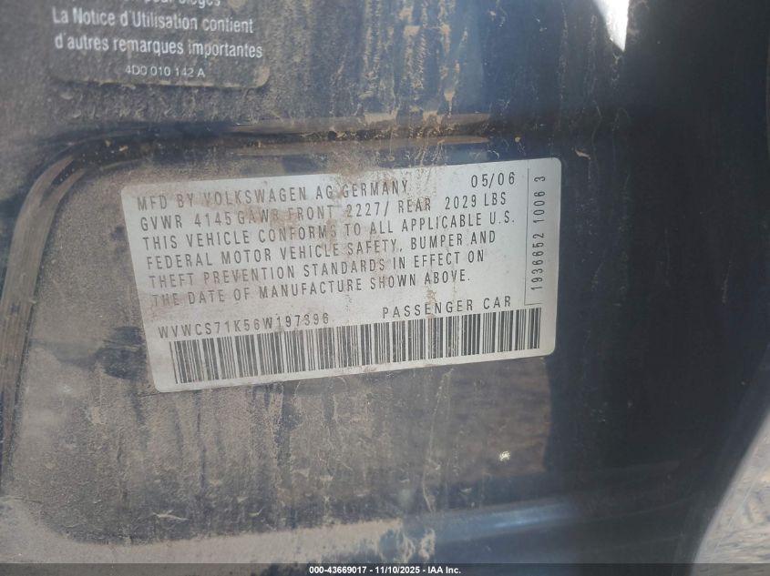 2006 Volkswagen Rabbit 4-Door VIN: WVWCS71K56W197396 Lot: 43669017