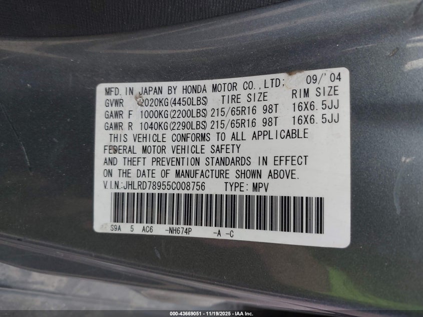 2005 Honda Cr-V Se VIN: JHLRD78955C008756 Lot: 43669051
