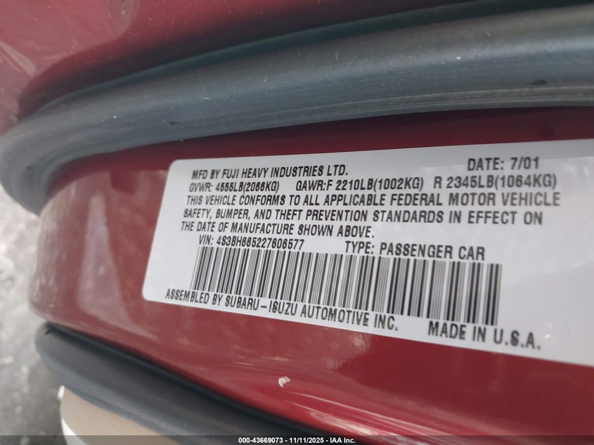 4S3BH665227606577 2002 SUBARU OUTBACK photo no. 9