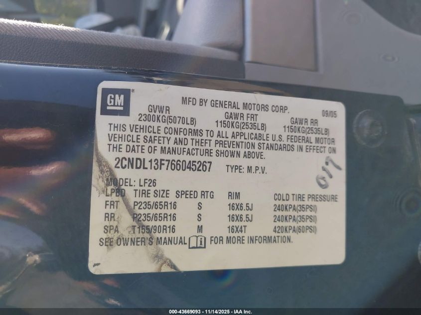 2006 Chevrolet Equinox Ls VIN: 2CNDL13F766045267 Lot: 43669093