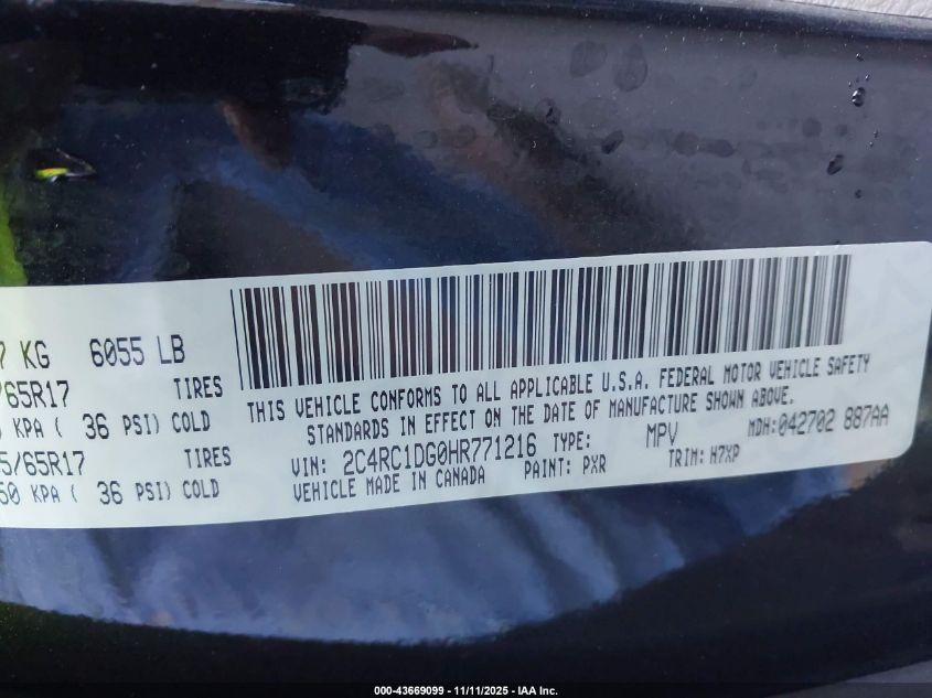 2017 Chrysler Pacifica Touring VIN: 2C4RC1DG0HR771216 Lot: 43669099