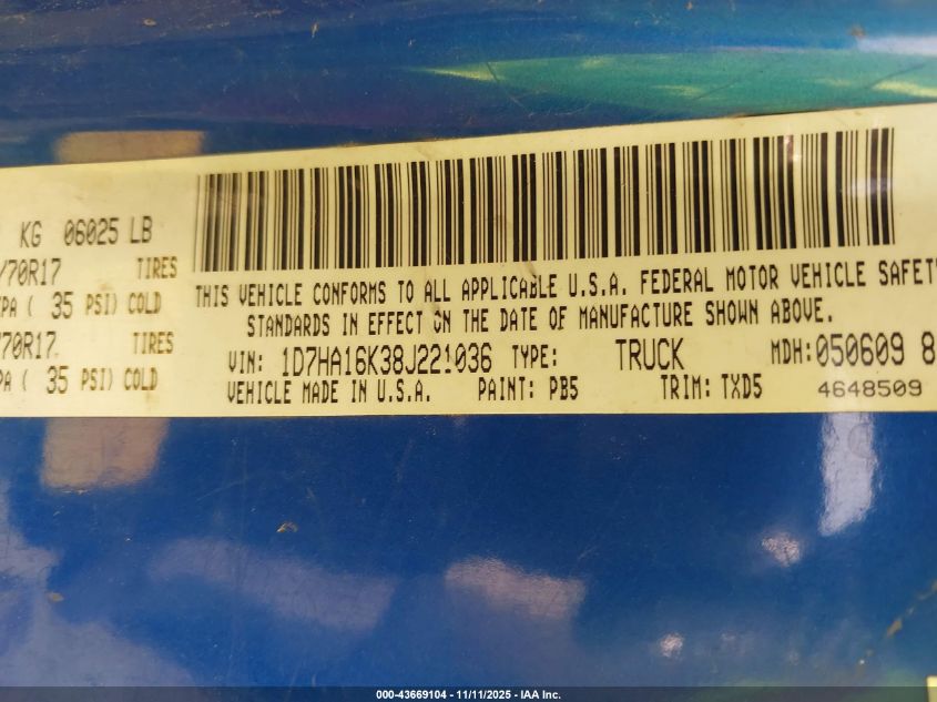 2008 Dodge Ram 1500 St/Sxt VIN: 1D7HA16K38J221036 Lot: 43669104