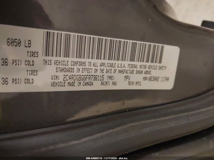 2015 Dodge Grand Caravan Se Plus VIN: 2C4RDGBG6FR736115 Lot: 43669115